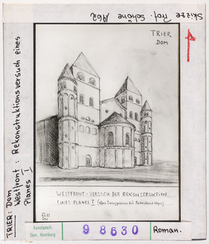 Vorschaubild Trier, Dom: Westfront, Rekonstruktionsversuch eines Planes I. Skizze Wolfgang Schöne 1962 